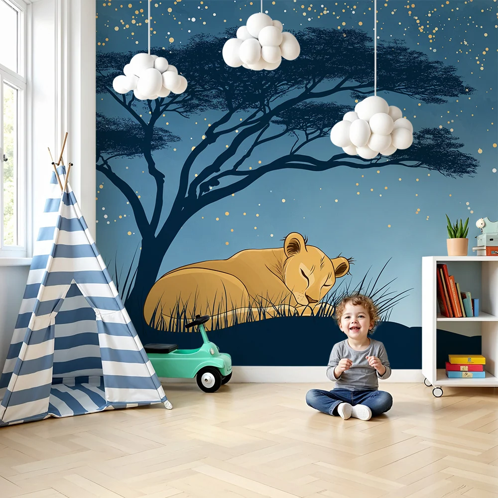 Kinderzimmer Tapete | Schlafender Löwenjunges unter einem sternenklaren Himmel