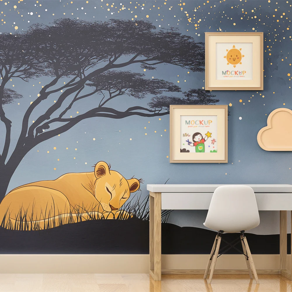 Kinderzimmer Tapete | Schlafender Löwenjunges unter einem sternenklaren Himmel