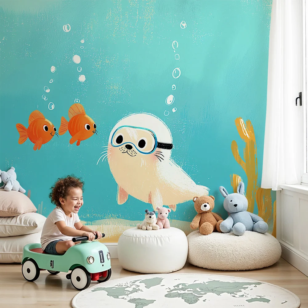 Kinderzimmer Tapete | Seehund mit Tauchermaske und bunten Fischen