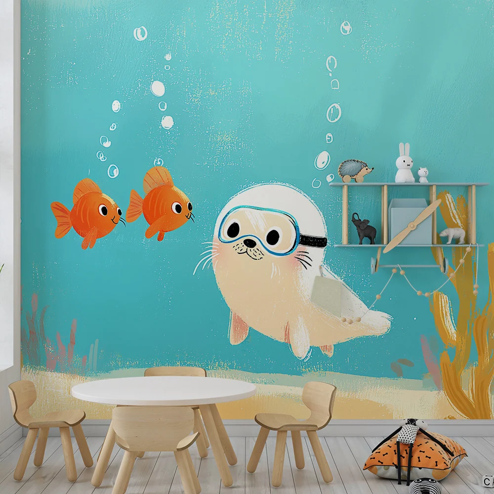 Kinderzimmer Tapete | Seehund mit Tauchermaske und bunten Fischen