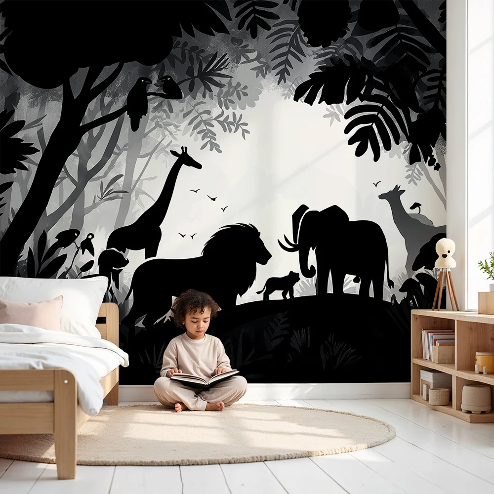 Kinderzimmer Tapete | Silhouetten wilder Tiere einem geheimnisvollen Dschungel