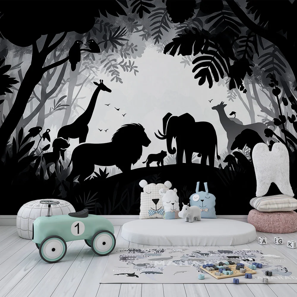 Kinderzimmer Tapete | Silhouetten wilder Tiere einem geheimnisvollen Dschungel