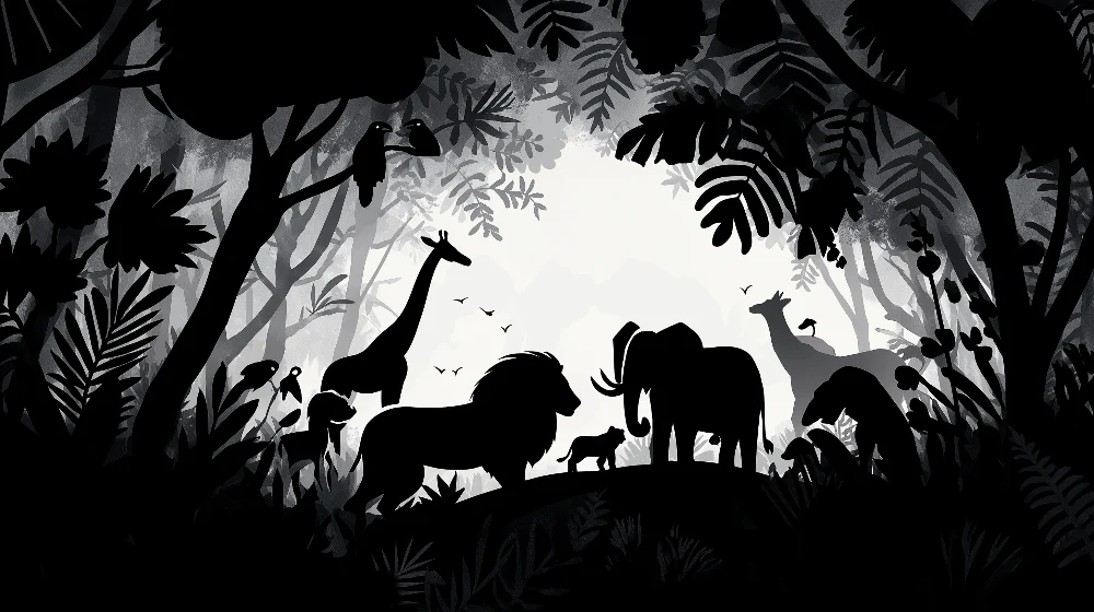 Kinderzimmer Tapete | Silhouetten wilder Tiere einem geheimnisvollen Dschungel