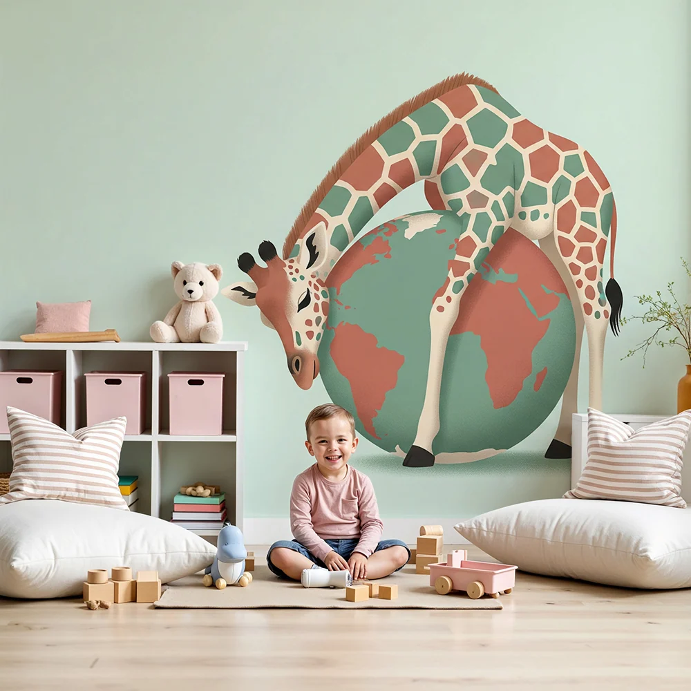 Kinderzimmer Tapete | Spielende Giraffe umgeben von der Erdkugel