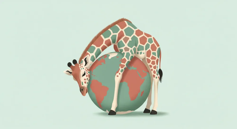 Kinderzimmer Tapete | Spielende Giraffe umgeben von der Erdkugel