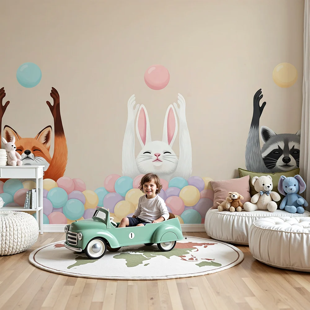 Kinderzimmer Tapete | Spielende Tiere einem Meer aus bunten Bällen