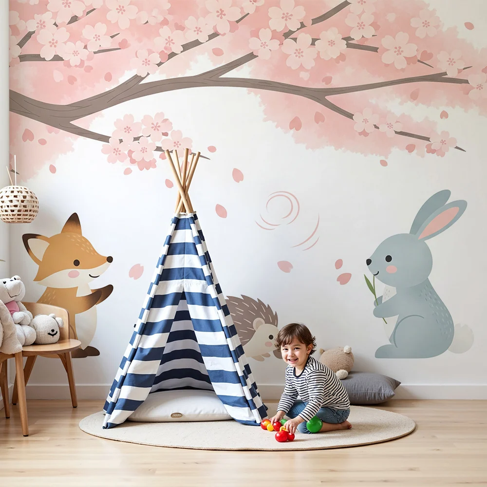 Kinderzimmer Tapete | Spieltiere unter einer blühenden Kirschblüte