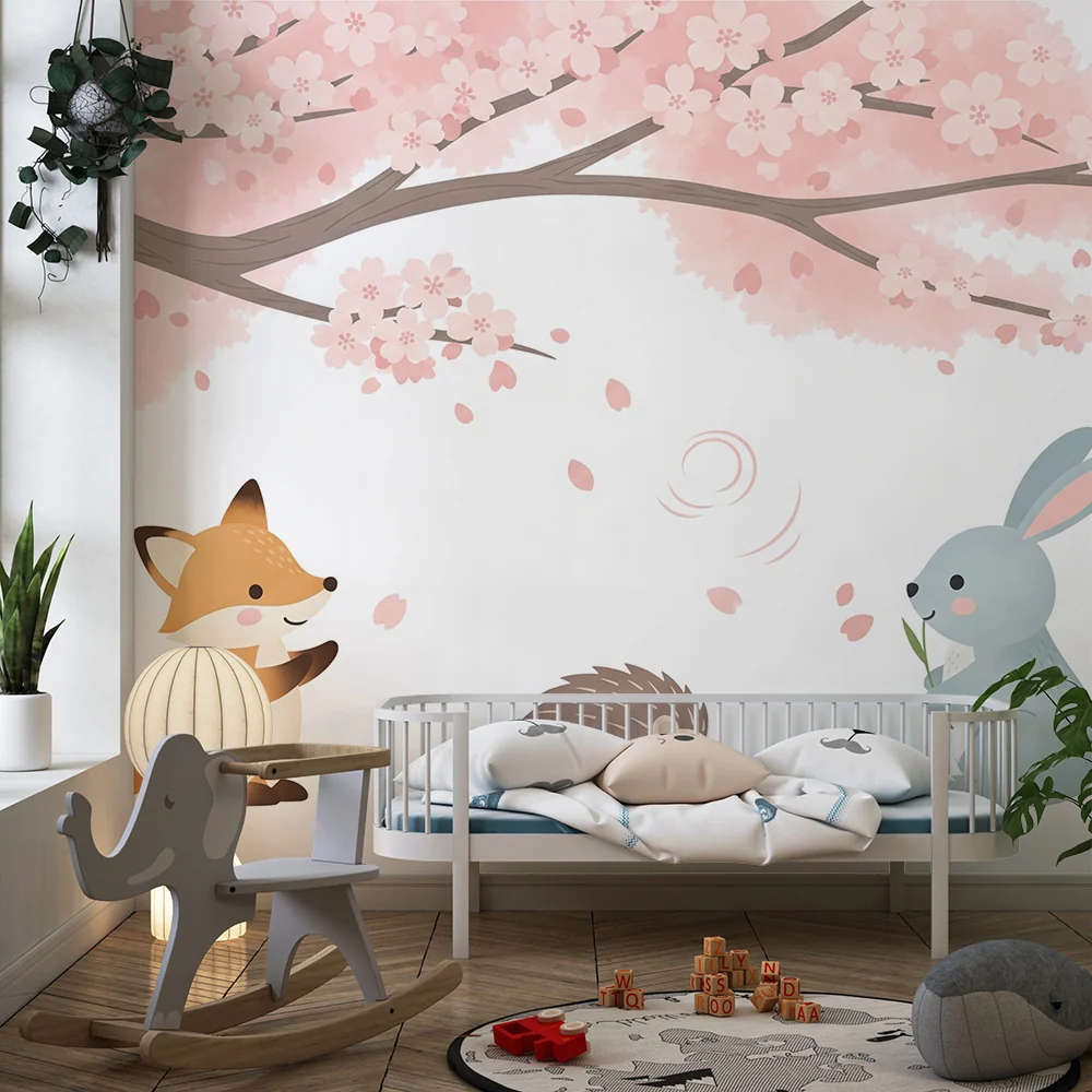 Kinderzimmer Tapete | Spieltiere unter einer blühenden Kirschblüte
