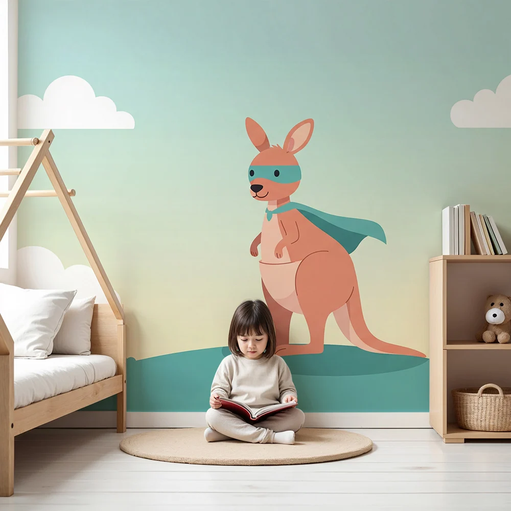 Kinderzimmer Tapete | Superheld Känguru auf pastellfarbenem Hintergrund