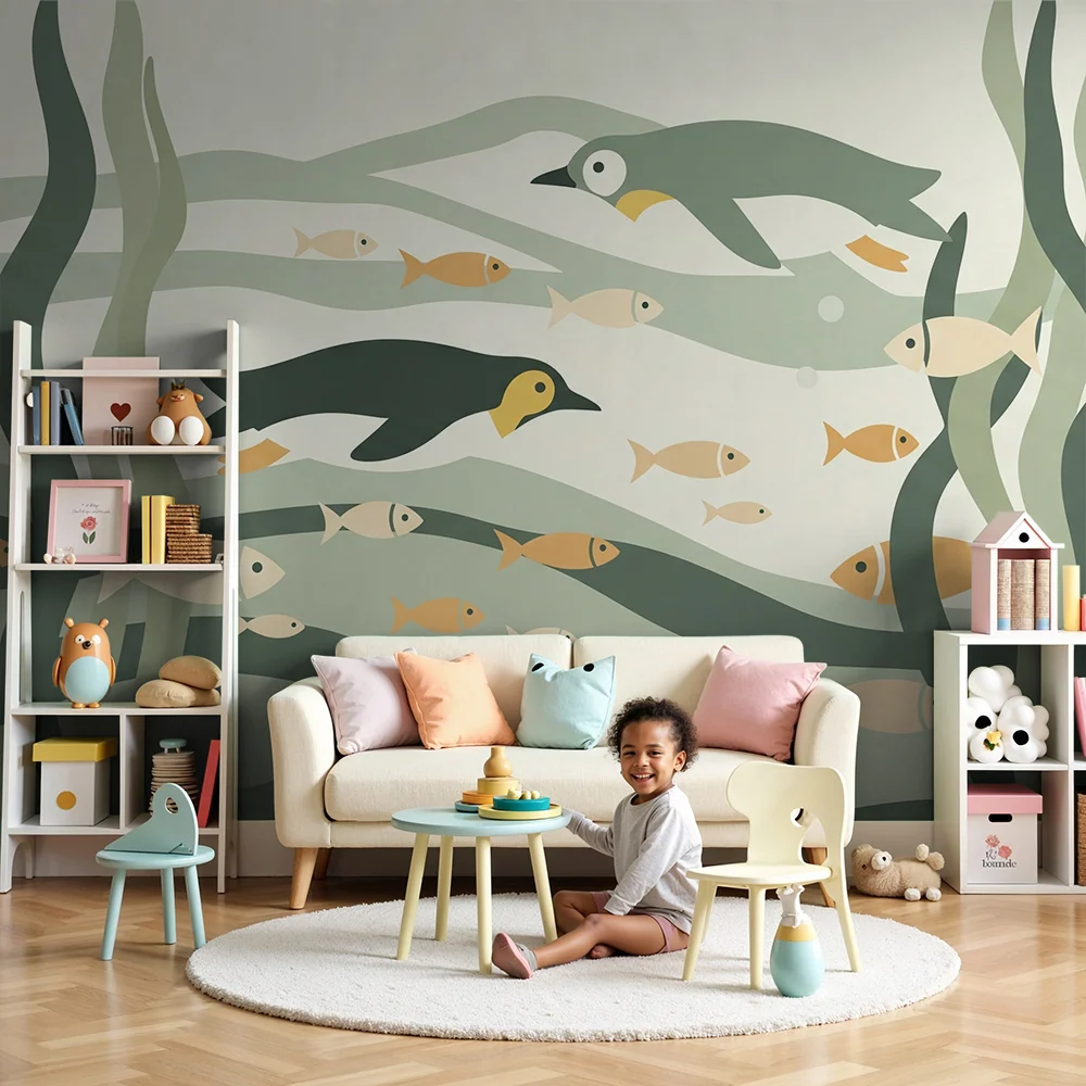 Kinderzimmer Tapete | Tauchen mit Pinguinen und Fischen