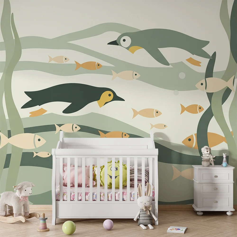 Kinderzimmer Tapete | Tauchen mit Pinguinen und Fischen