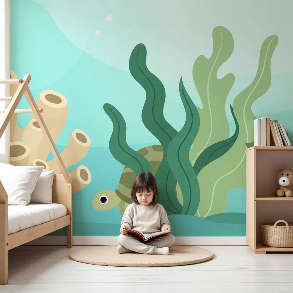 Kinderzimmer Tapete | Tauchen mit Schildkröte und Seepferdchen
