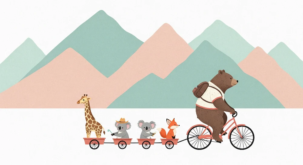 Kinderzimmer Tapete | Tierabenteuer mit einem Bären auf einem Fahrrad und seinen Freunden