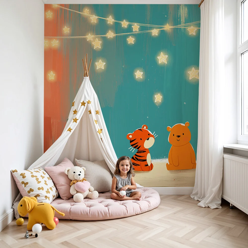 Kinderzimmer Tapete | Tiger und Bär unter funkelnden Sternen