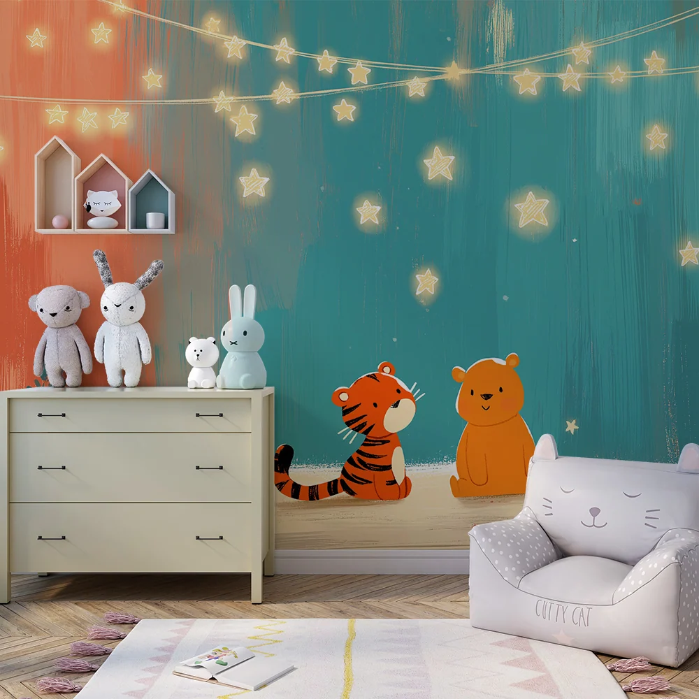 Kinderzimmer Tapete | Tiger und Bär unter funkelnden Sternen