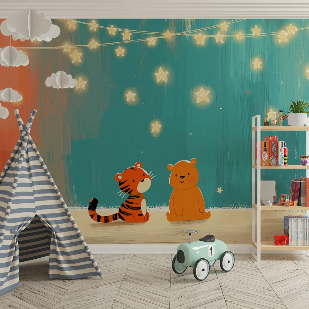 Kinderzimmer Tapete | Tiger und Bär unter funkelnden Sternen