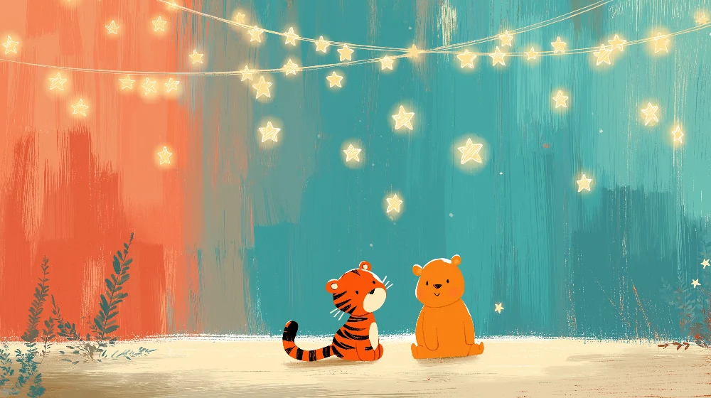 Kinderzimmer Tapete | Tiger und Bär unter funkelnden Sternen