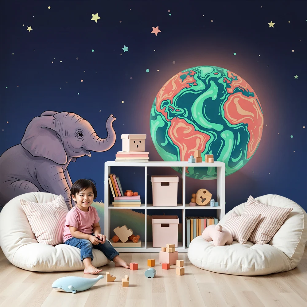 Kinderzimmer Tapete | Träumender Elefant unter den Sternen und dem bunten Planeten