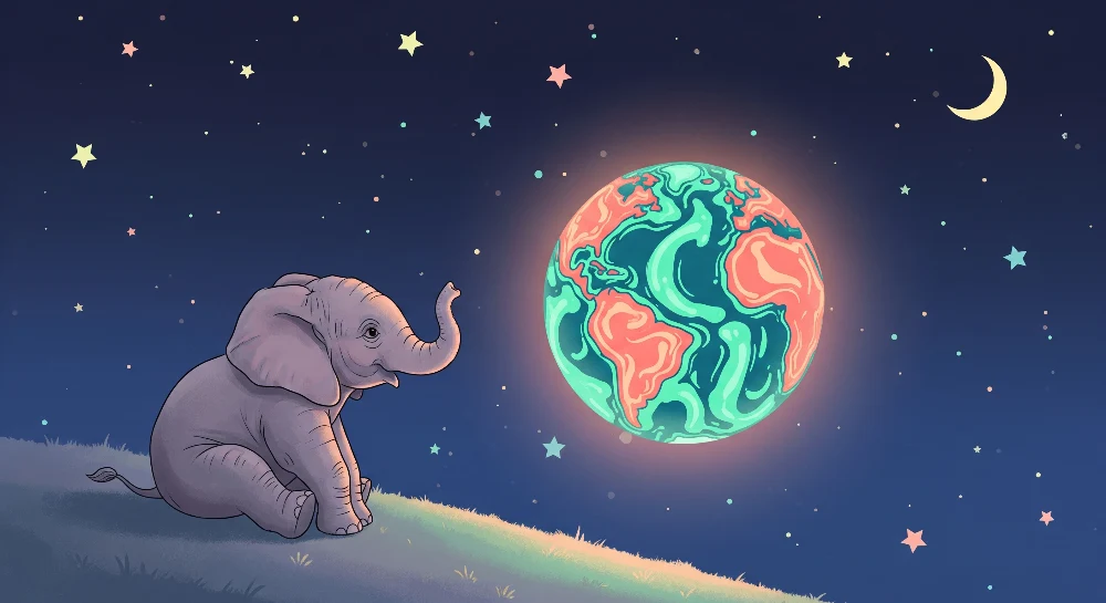 Kinderzimmer Tapete | Träumender Elefant unter den Sternen und dem bunten Planeten