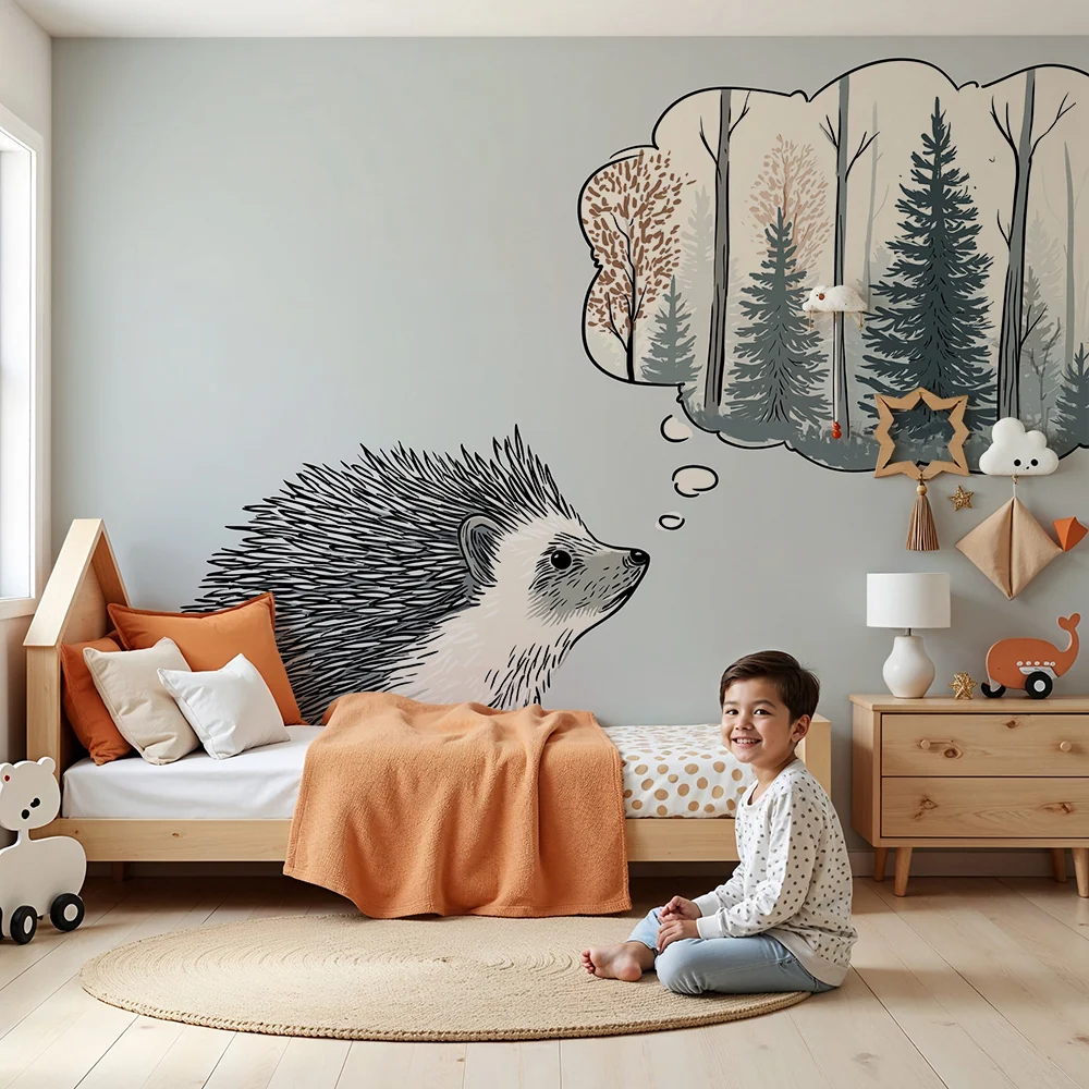 Kinderzimmer Tapete | Träumender Igel und friedlicher Wald