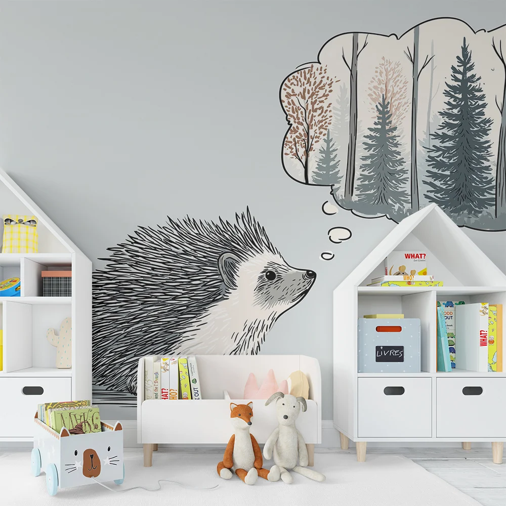 Kinderzimmer Tapete | Träumender Igel und friedlicher Wald