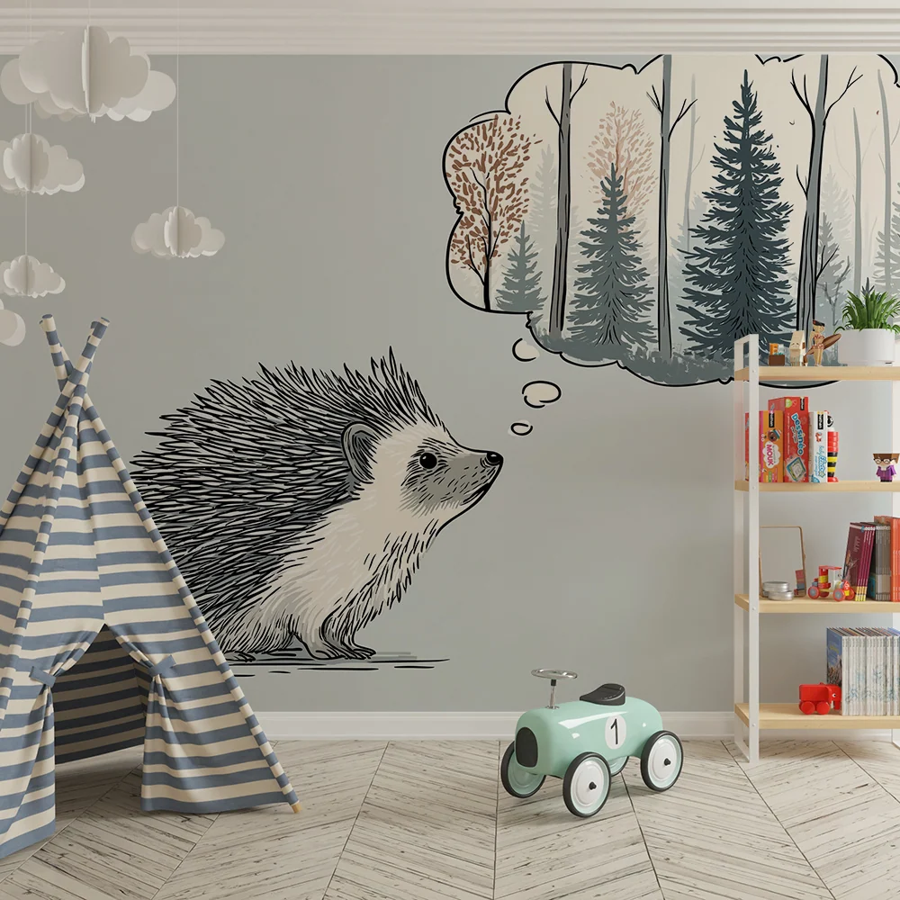 Kinderzimmer Tapete | Träumender Igel und friedlicher Wald