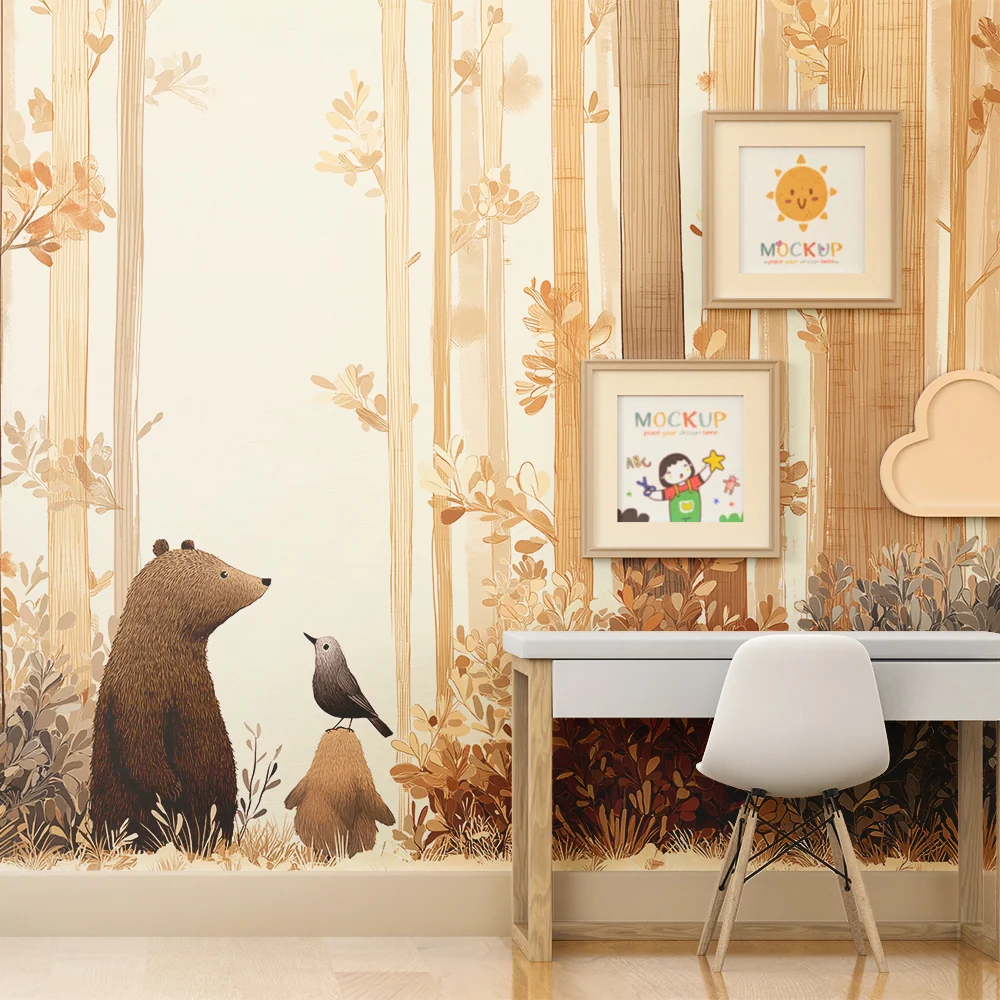 Kinderzimmer Tapete | Bär und Vogel einem beruhigenden Wald