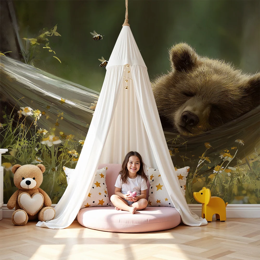 Kinderzimmer Tapete | Unser schlafender Bär einer Hängematte umgeben von Blumen