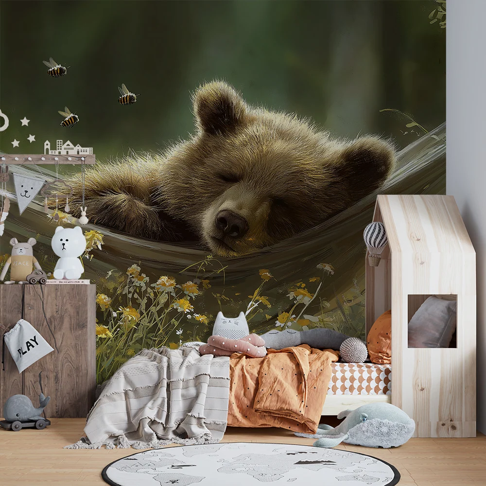 Kinderzimmer Tapete | Unser schlafender Bär einer Hängematte umgeben von Blumen