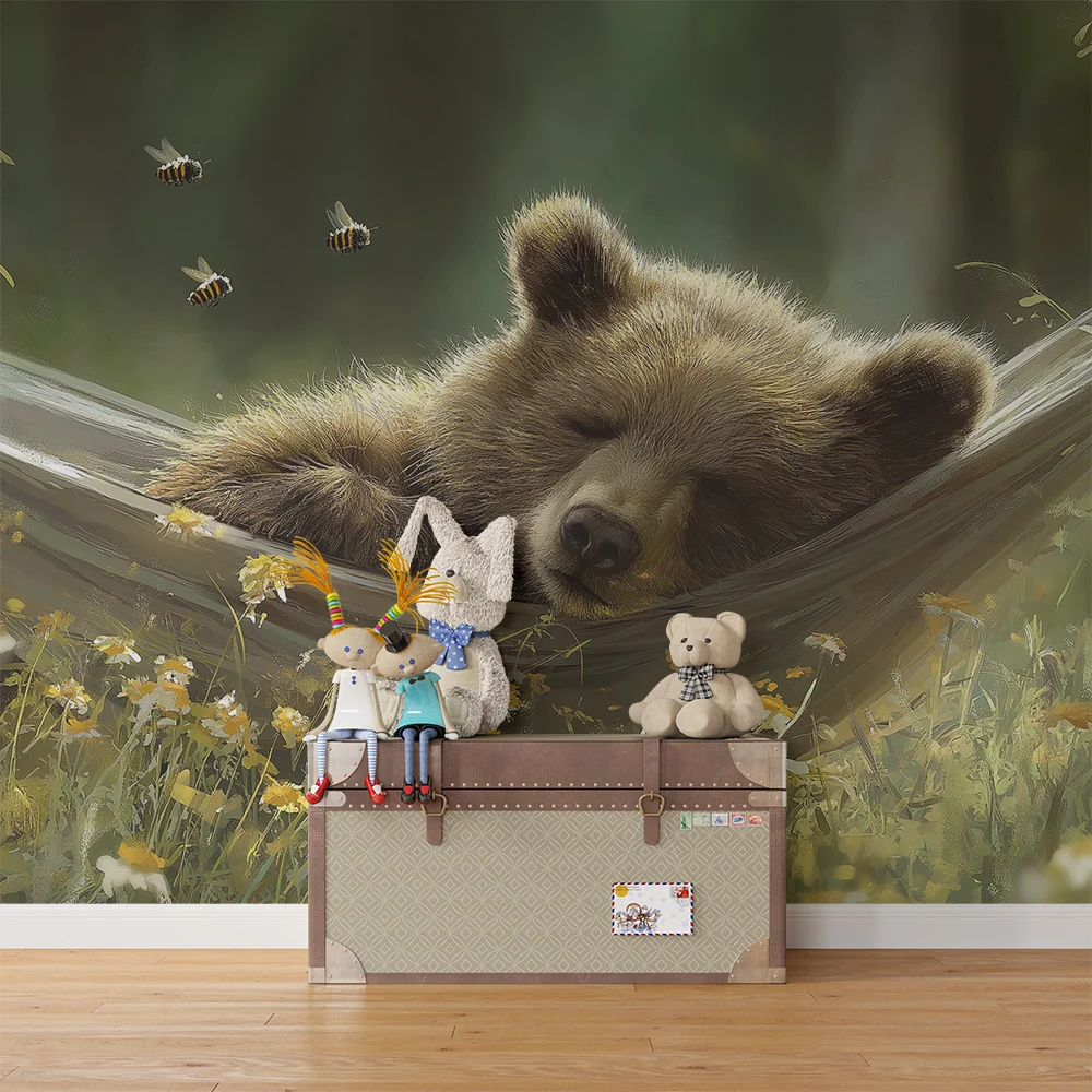 Kinderzimmer Tapete | Unser schlafender Bär einer Hängematte umgeben von Blumen