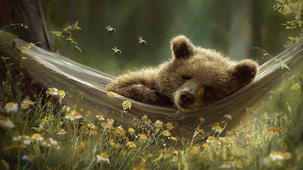 Kinderzimmer Tapete | Unser schlafender Bär einer Hängematte umgeben von Blumen