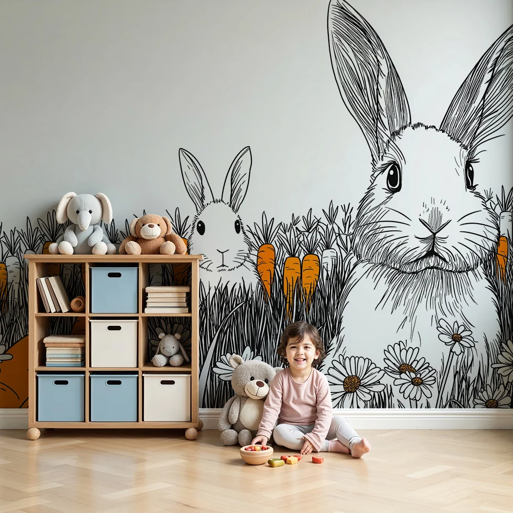 Kinderzimmer Tapete | Verspielte Hasen inmitten von Karotten und Gänseblümchen