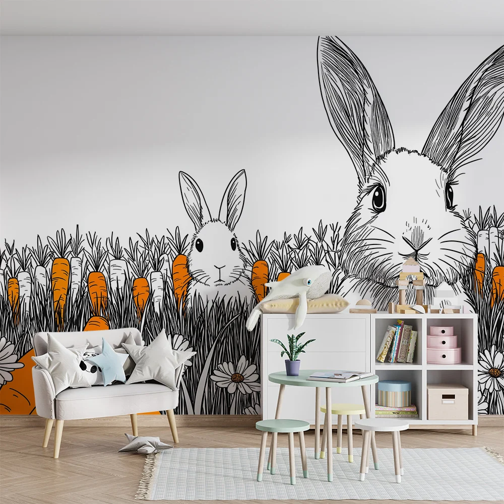 Kinderzimmer Tapete | Verspielte Hasen inmitten von Karotten und Gänseblümchen