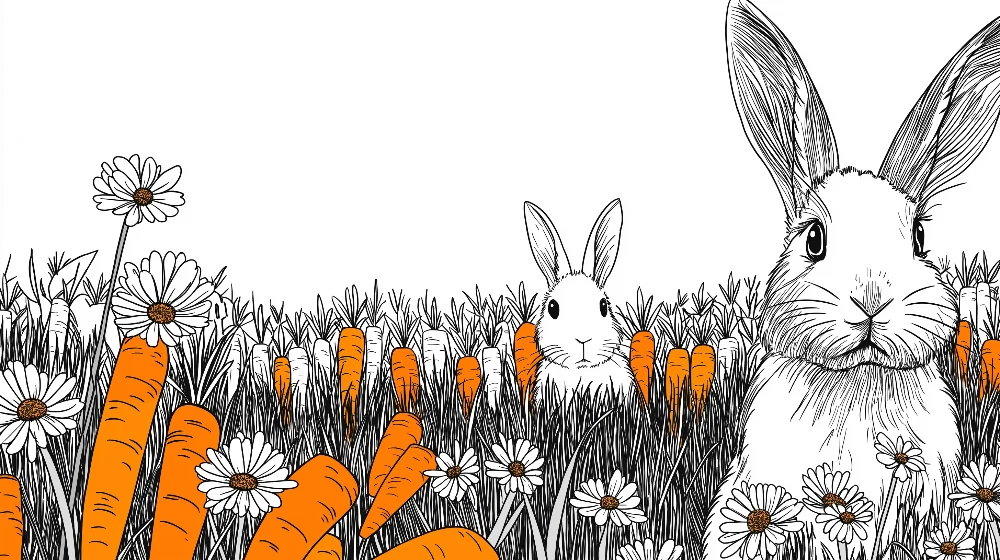 Kinderzimmer Tapete | Verspielte Hasen inmitten von Karotten und Gänseblümchen
