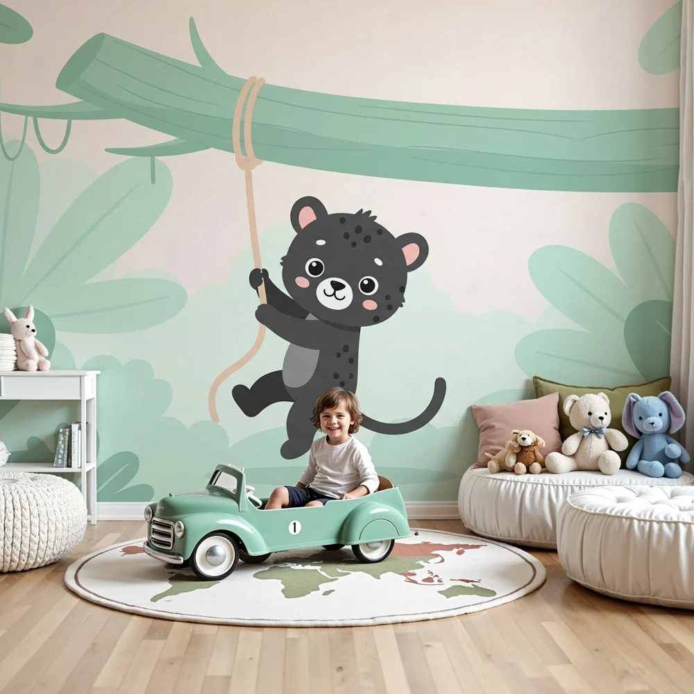 Kinderzimmer Tapete | Verspielter kleiner Jaguar im Dschungel