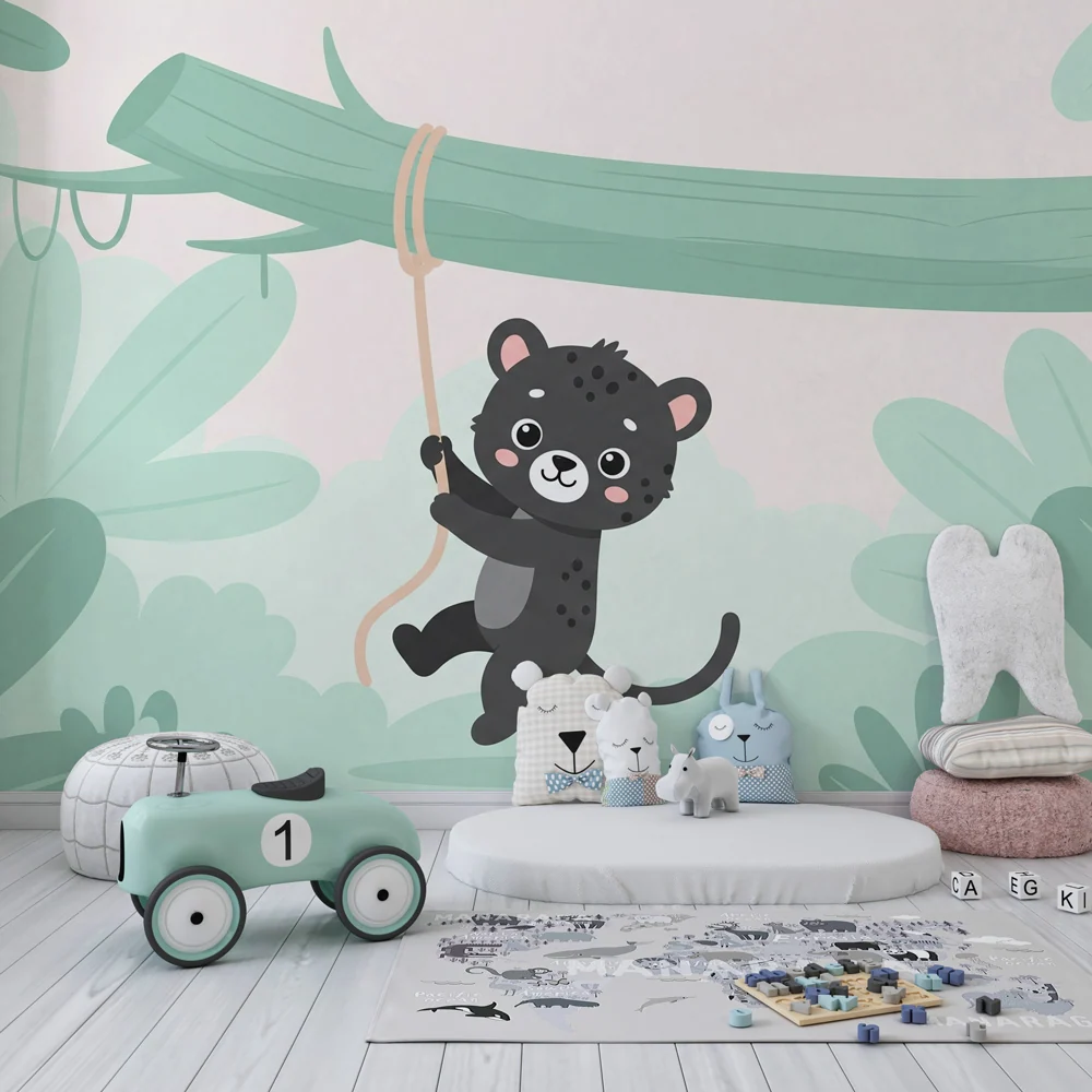 Kinderzimmer Tapete | Verspielter kleiner Jaguar im Dschungel
