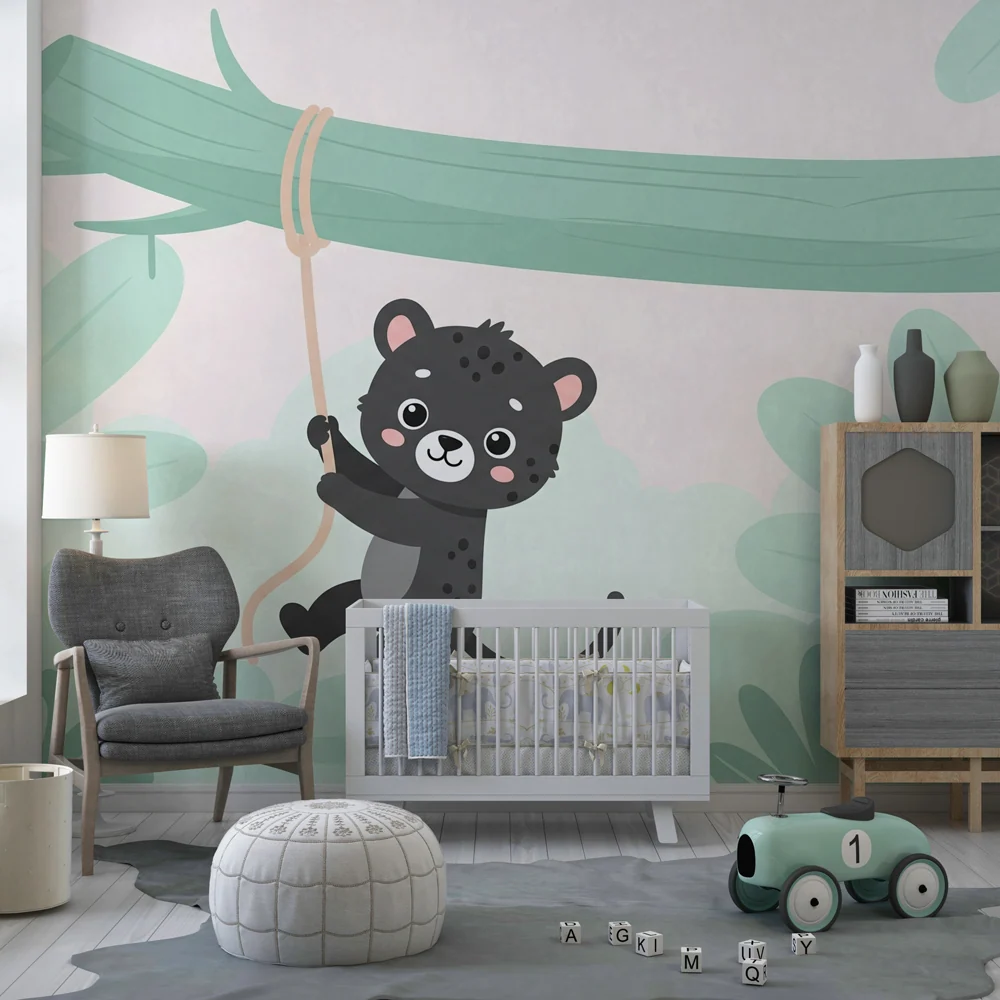 Kinderzimmer Tapete | Verspielter kleiner Jaguar im Dschungel