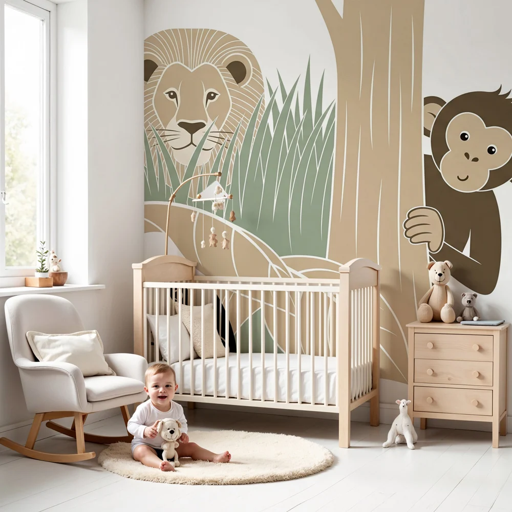 Kinderzimmer Tapete | Versteckspiel im Dschungel mit Tieren