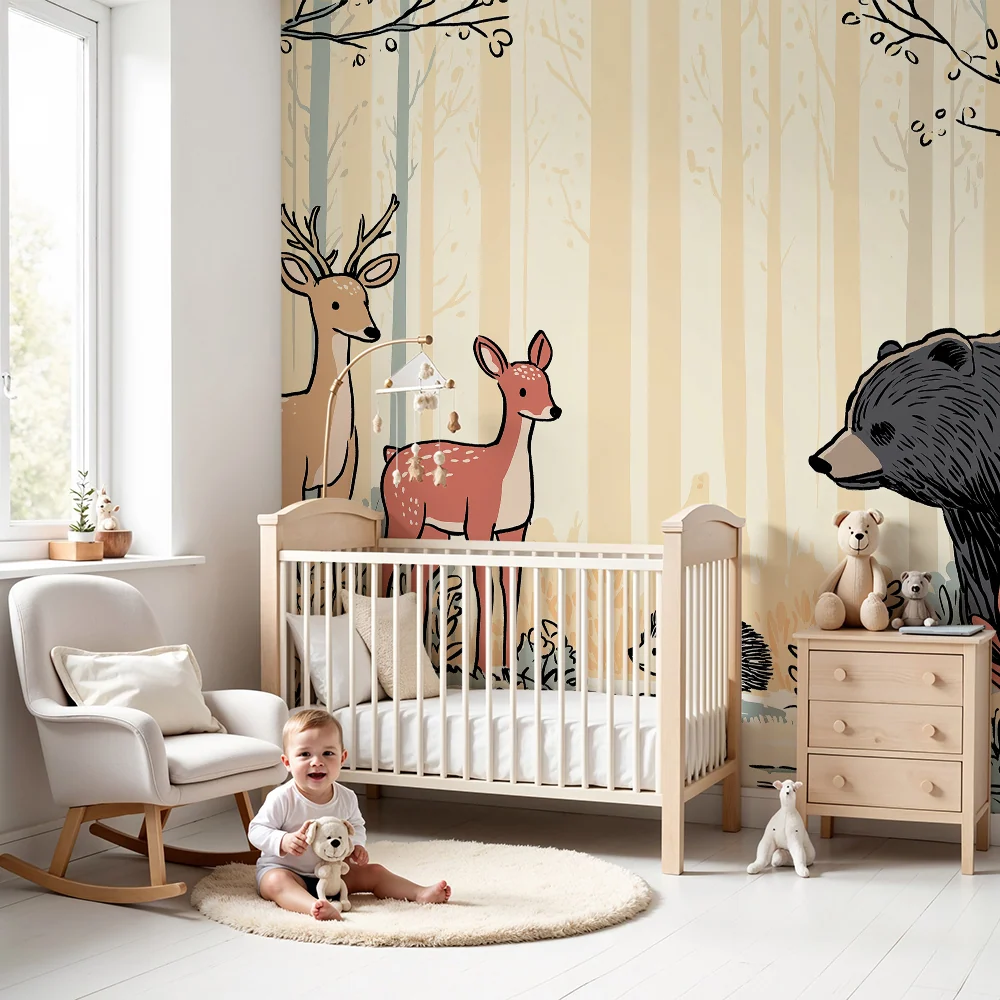 Kinderzimmer Tapete | Waldtiere mit einem Hirsch, einem Bären und einem Igel