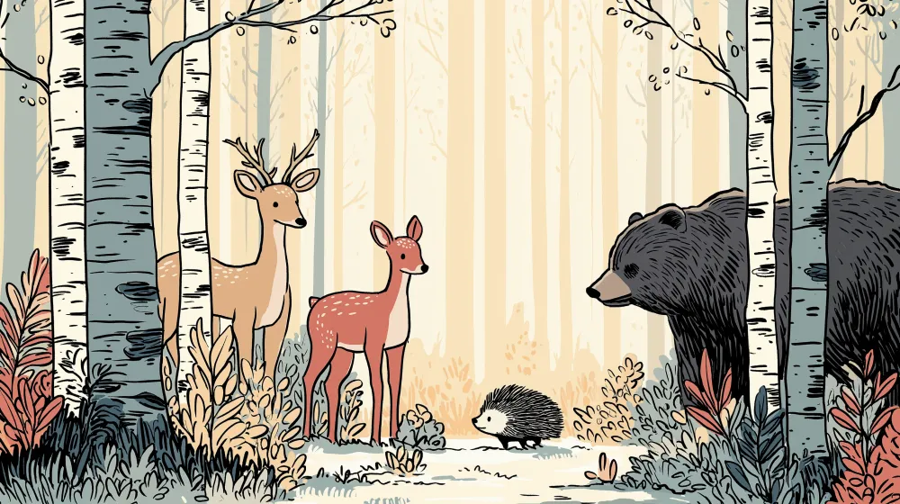 Kinderzimmer Tapete | Waldtiere mit einem Hirsch, einem Bären und einem Igel