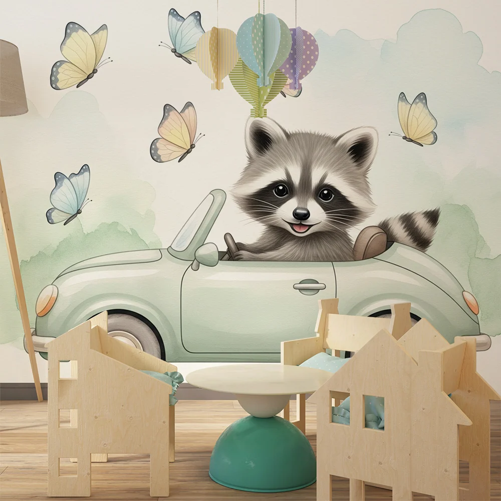 Kinderzimmer Tapete | Waschbär im Auto mit Schmetterlingen