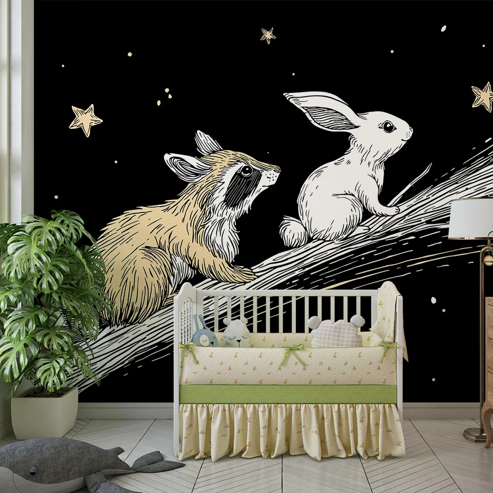 Kinderzimmer Tapete | Waschbär und Hase unter den Sternen