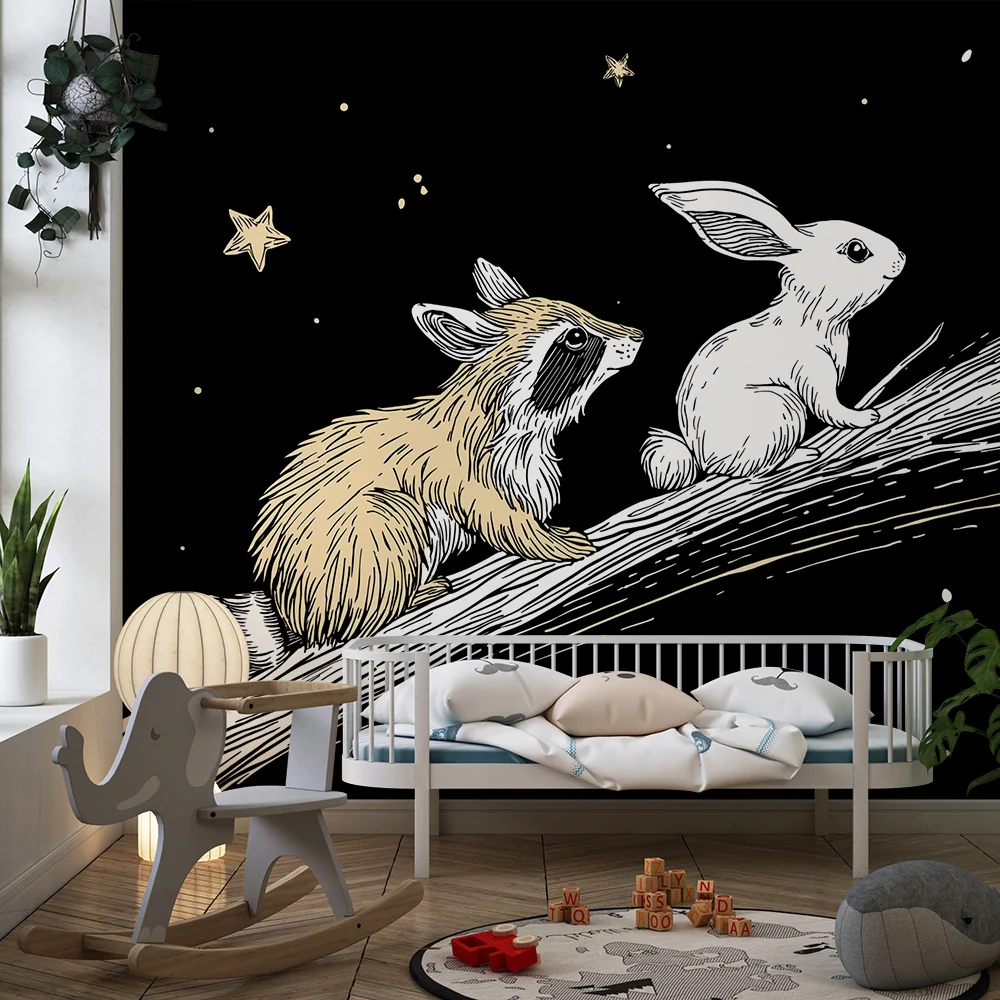 Kinderzimmer Tapete | Waschbär und Hase unter den Sternen