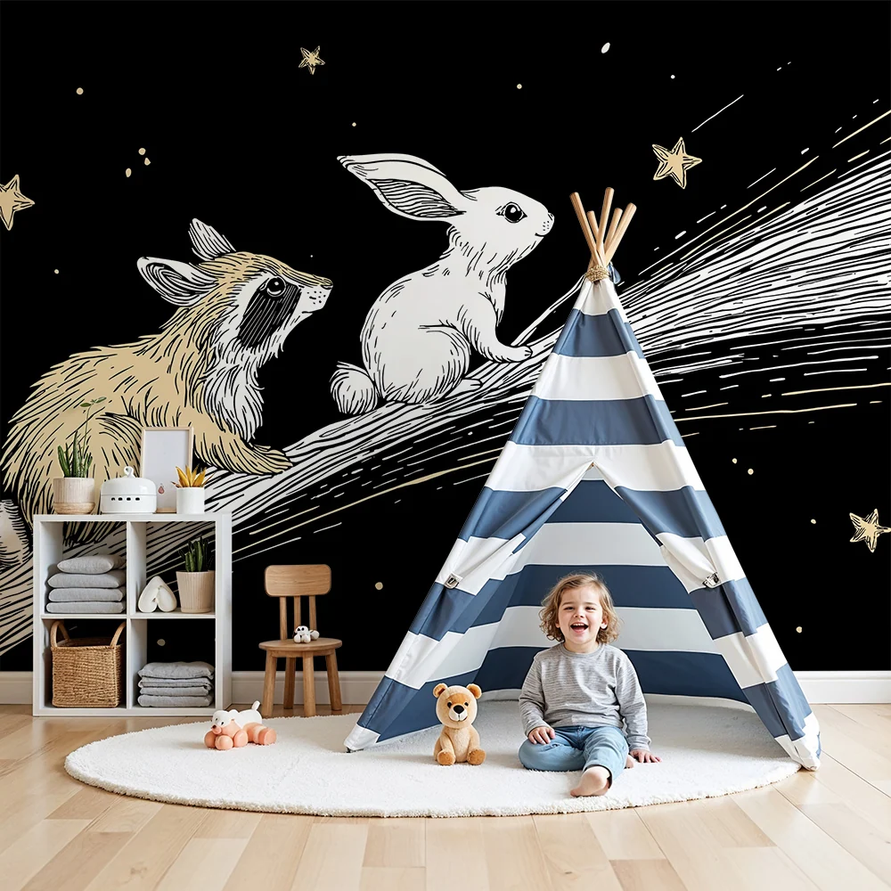 Kinderzimmer Tapete | Waschbär und Hase unter den Sternen