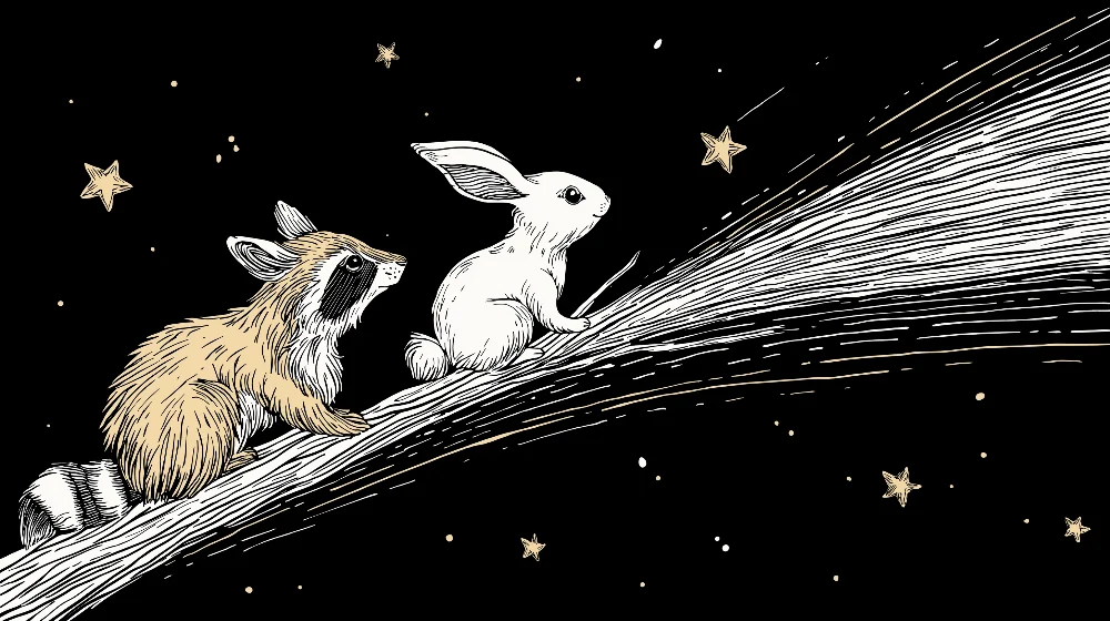 Kinderzimmer Tapete | Waschbär und Hase unter den Sternen
