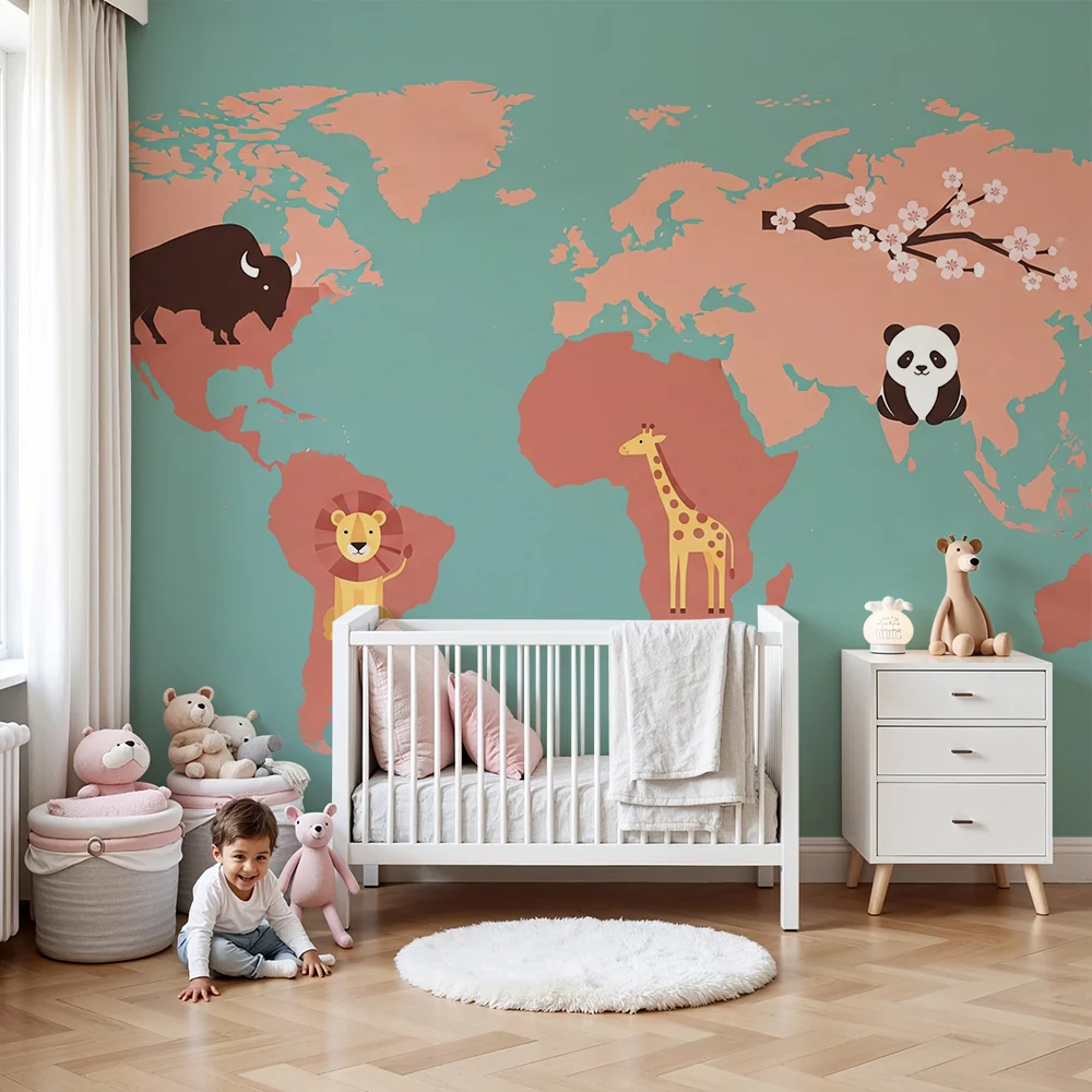 Kinderzimmer Tapete | Weltkarte mit bunten Tieren und verspielten Mustern