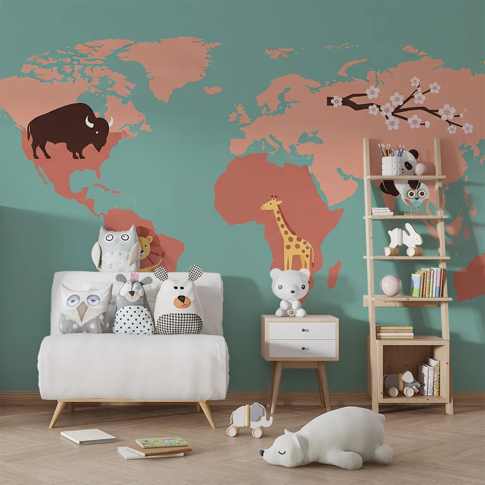 Kinderzimmer Tapete | Weltkarte mit bunten Tieren und verspielten Mustern