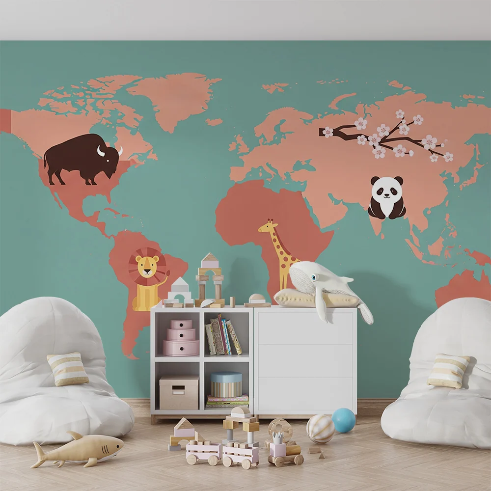 Kinderzimmer Tapete | Weltkarte mit bunten Tieren und verspielten Mustern