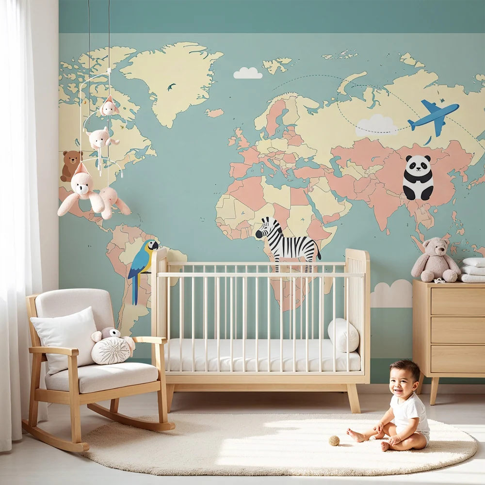 Kinderzimmer Tapete | Weltkarte mit bunten Tieren und Wolken