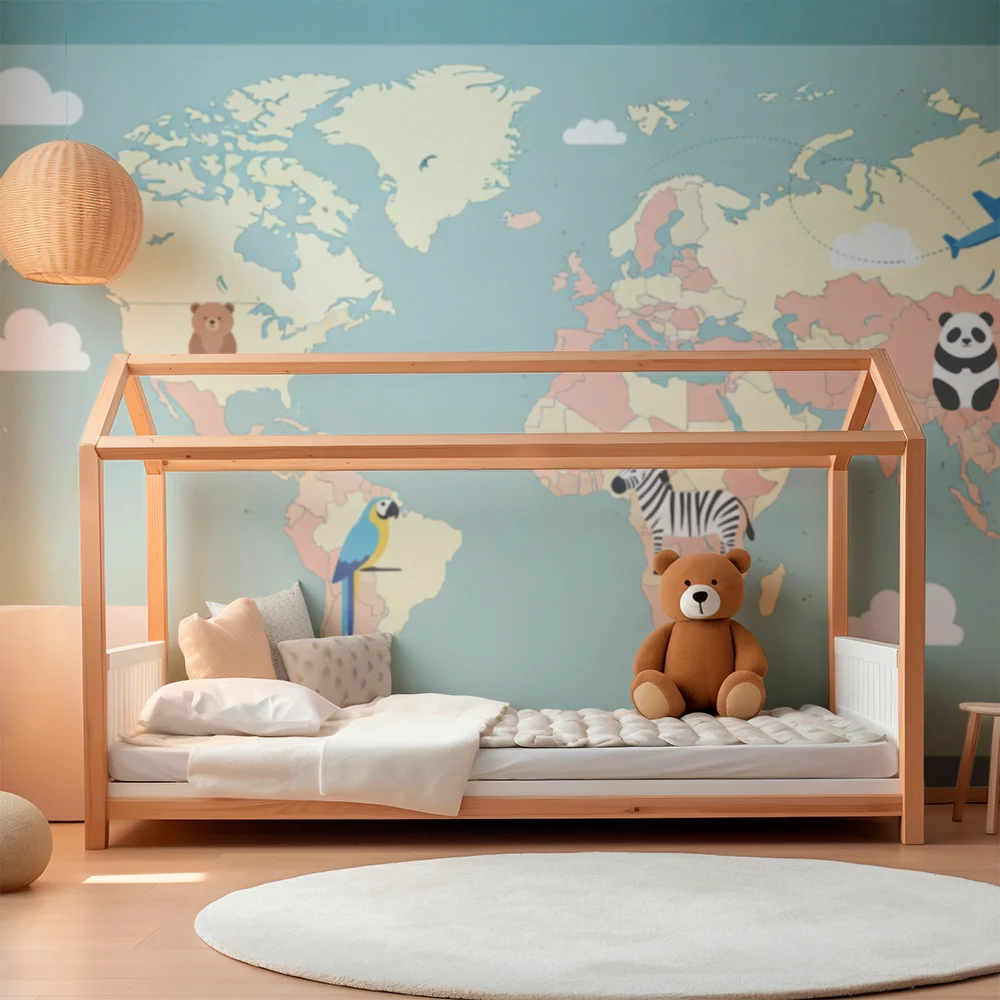 Kinderzimmer Tapete | Weltkarte mit bunten Tieren und Wolken